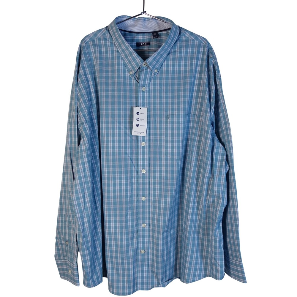 IZOD Button Down Shirt Men 4XB Blue Plaid Performance Comfort Big Tall